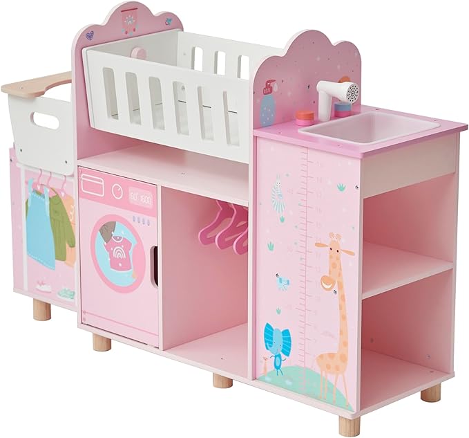 Olivia's Little World 6-in-1 Wooden Baby Doll Nursery Set – Crib, High Chair, Changing Table, Doll Furniture for 16” Dolls – Baby Doll Accessories Playset for Girls Ages 3+, Pink