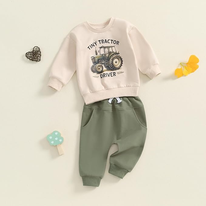 Toddler Baby Boy Fall Winter Outfits Tractor Print Long Sleeve Sweatshirt Pants Set Kids Sweatsuit Clothes