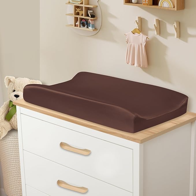 SiinvdaBZX 2 Pack Changing Pad Cover for Baby Girls Boys, Satin Silky Soft Changing Table Covers 32"x16"+5" Diaper Changing Pad Sheets, Beige & Brown