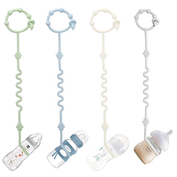 RTMOK (4Pcs) Sippy Cup Strap Keep Bottles and Sippy Cups Off The Floor, Sippy Cup Holder Strap Suitable for High Chairs, Strollers and Water Bottles- Dishwasher Safe