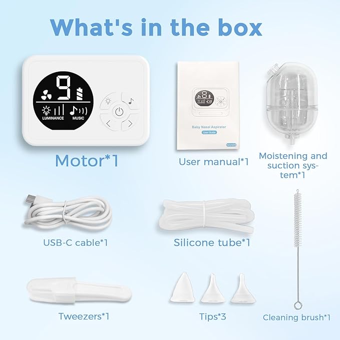 Nasal Aspirator for Baby, Nose Sucker with 9 Suction Levels, Electric Snot Sucker, 3 Levels Night Light & Nursery Rhyme Soothing Function, Food-Grade Silicone Tips