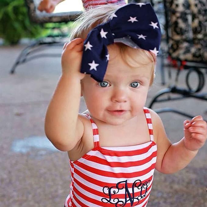4th of July America Flag Baby Headbands Cheer Bow, Baby Girls Red White Blue Star Spangled Patriotic Hair Bow for Newborns Toddlers Small Children,3 Pcs (America Flag-B)