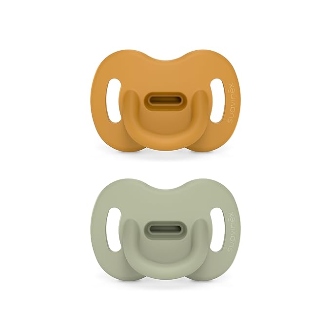 Color Essence SX PRO Silicone Baby Pacifier 2Pk, Made with 100% Soft Silicone, Baby Essentials Perfect for Breastfeeding Babies, Designed in Spain, 6-18 Mths, Mustard/Green