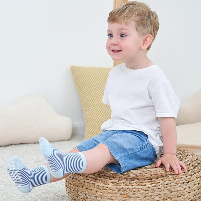 ZAPLES Baby Non Slip Grip Crew Socks with Anti Skid Soles for Infants Toddlers Kids Boys Girls