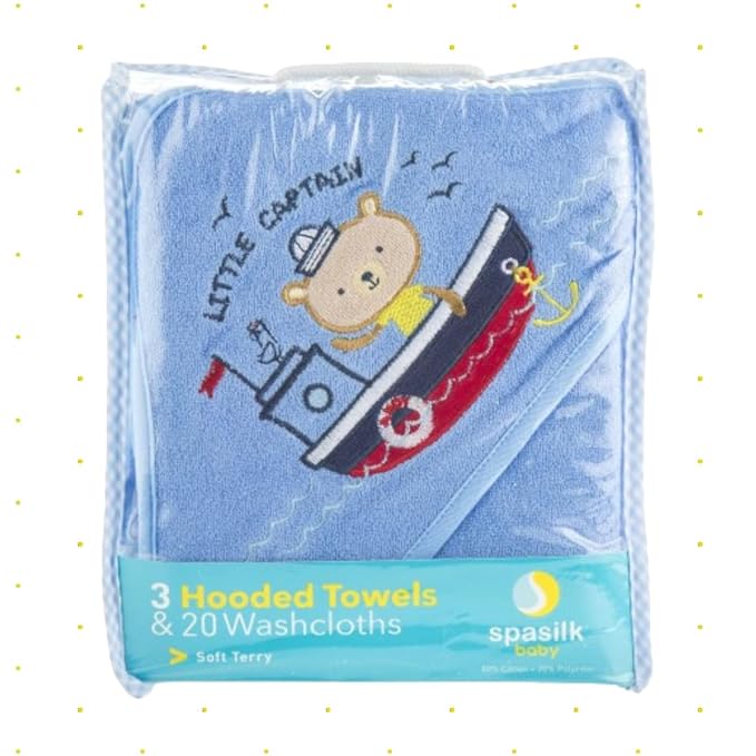 Spasilk 23-Piece Soft Terry Hooded Bath Towel and Washcloth Set, 3 Baby Towels and 20 Baby Washcloths for Newborn Boys and Girls, Navy Nautical