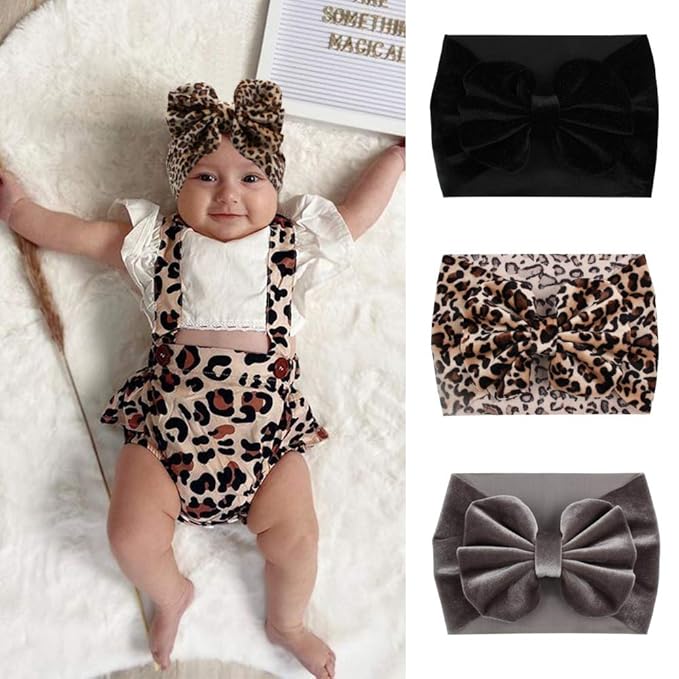 YanJie Leopard Baby Girl Hair Bow Headbands Soft Velvet Baby Bows Newborn Handmade Hair Hairbands Accessories Wide Headwraps for Toddler Kids Infant Photography Prop Gray Black