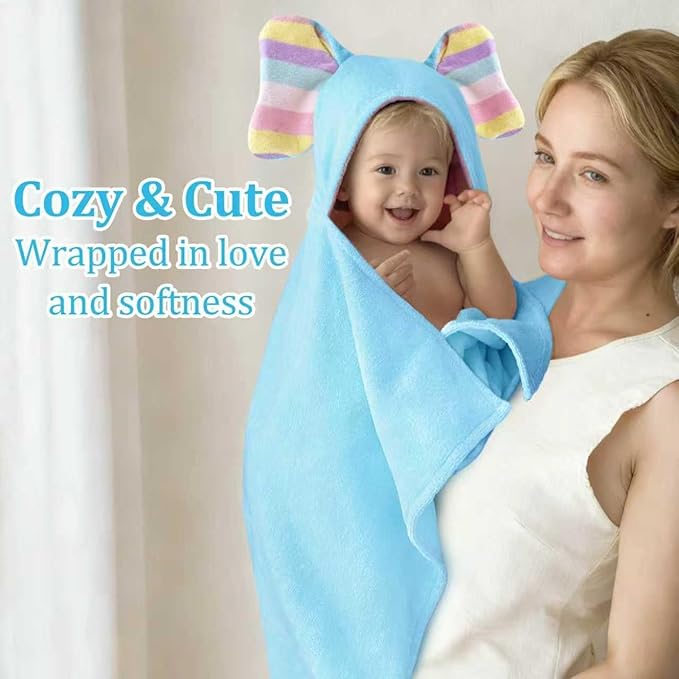 Luxury Light Blue Baby Hooded Bath Towel-100% Cotton,500GSM,33x31.5 Inches,0-2Years,Super Absorbent Large Towel with Cute Elephant Ears Hood for Newborn,Infant Shower Gift,Baby Essentials,Light Blue