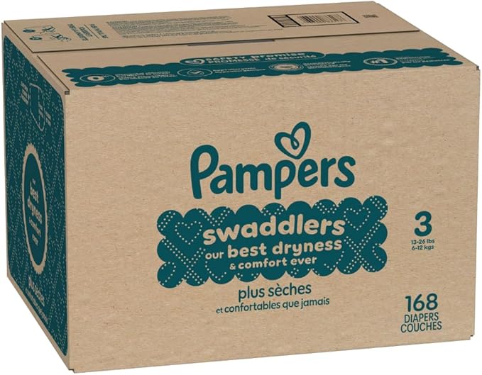 Pampers Swaddlers Diapers, Size 3 (13-26 lbs), 168 Count, Absorbent, Keeps Baby Dry and Comfortable, Skin Safe Disposable Baby Diaper