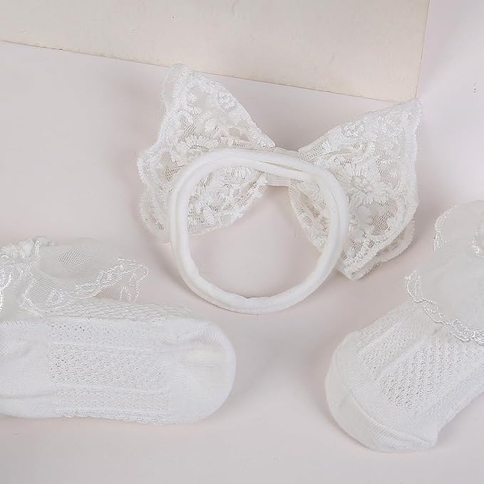 Baby Lace Bow Headband and Sock Set, Toddler Infant Cotton Socks Baptism Headband White Christening Headbands TSFD57