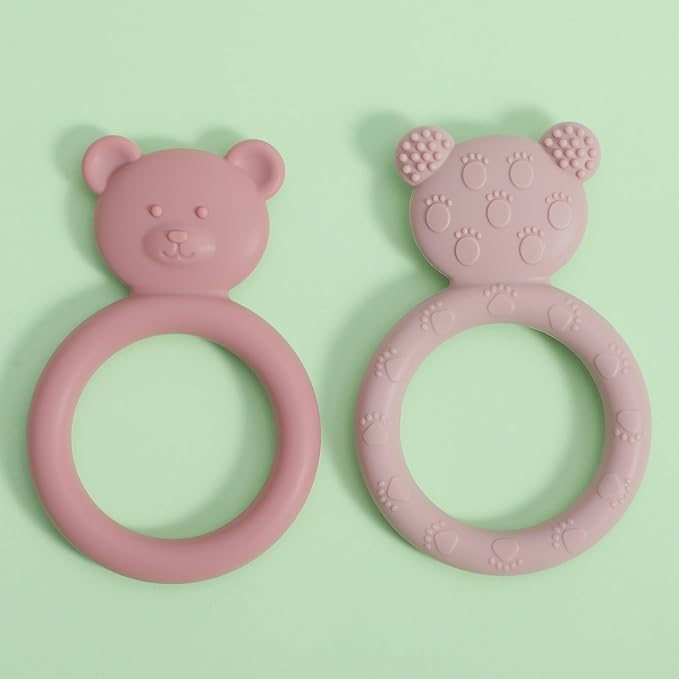 Silicone Baby Teether, Teething Toy Ring for Babies, Easy to Hold Design, BPA Free (Power Rose + Dusty Lilac)