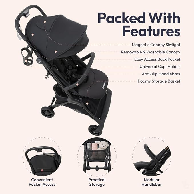 BabbleRoo Hoplite Compact Stroller – Lightweight Travel Stroller for Airplane (12.3 lbs), from Birth to 55 lbs, Easy Fold, PU Wheels, Alloy Frame, Near-Flat Recline, Cup Holder, Baby Stroller