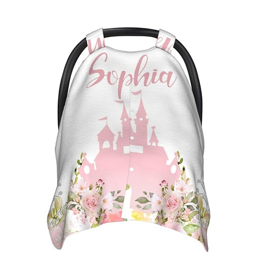 Personalized Baby Car Seat Canopy for Babies with Name, Custom Princess Castle Stroller Car Seat Covers for Girls, Minky Nursing Carseat Cover for Breastfeeding, Car Seat Canopies for Newborn