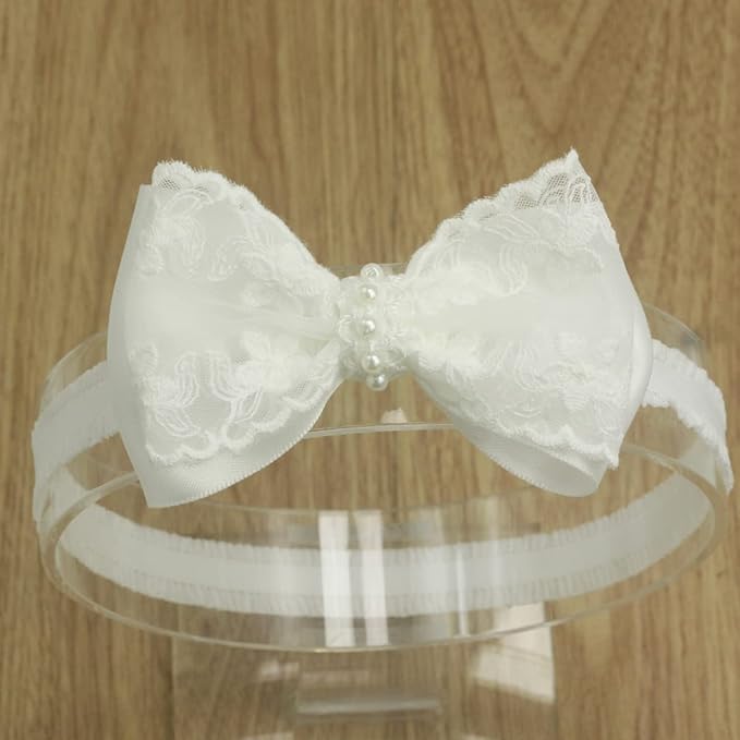 White Baby Bow Headband for Baptism Christening Satin Lace Hair Band with Cross for Toddler (Embroidery Lace +pearl white bow-3, 0-6 months)
