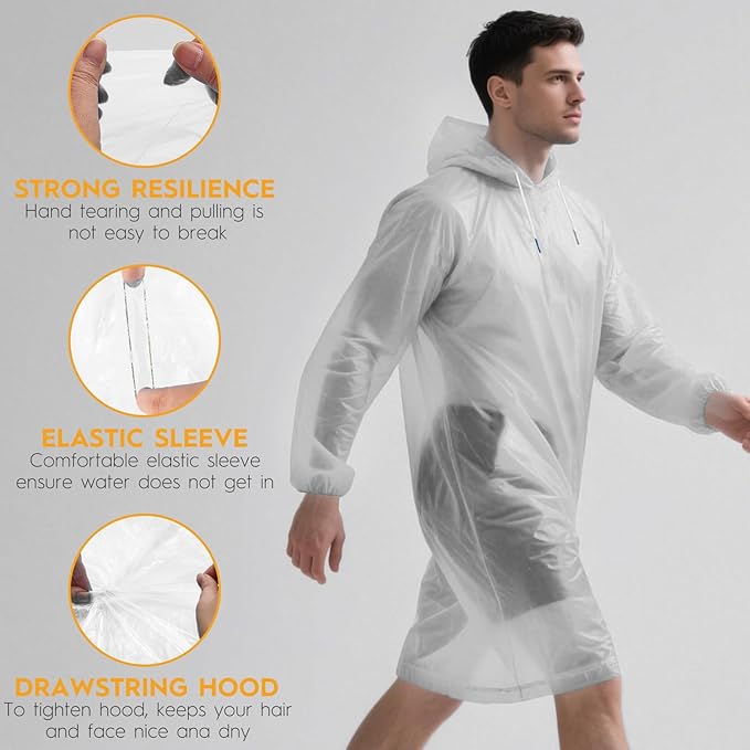 6 & 20 & 50 Pack Disposable Rain Ponchos for Adults/Youth, Waterproof PE Raincoats with Drawstring, Camping/Emergency