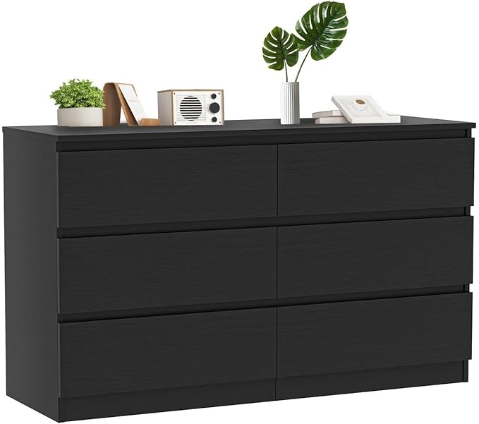 Black Dresser for Bedroom, Modern 6 Drawer Dresser with Deep Drawer,Wide Chest of Drawers, Bedroom Storage Organizer Furniture,TV Stand for Living Room