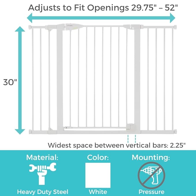 Toddleroo by North States - Extra Wide Bright Choice Baby Gate: Pressure Mounted Baby Gate for Doorways with Glow in the Dark Handle - Adjustable 29.75 to 52 Inches Wide - 30 Inches Tall - White