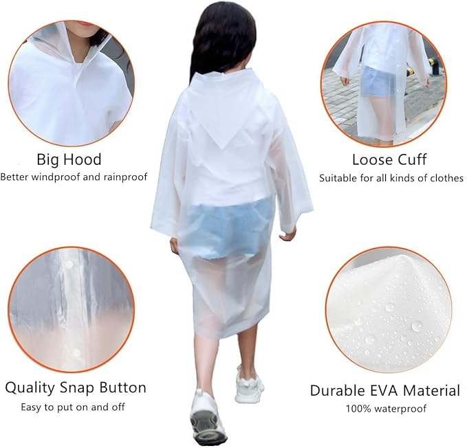 Raincoat Rain Poncho for Kids, 2-5 Pack Reusable EVA Rain Coats for 6-14 Boys Girls, Rain Jackets Gear with Hood