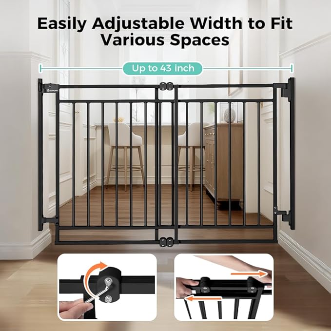 COMOMY 27.5-43" Baby Gate No Bottom Bar for Stairs and Doorways, 2-in-1 Auto Close Dog Gate Indoor for the House, Hardware Mounted Pet Gate with Large Walk Thru Door, Child Safety Gate for Dogs, Black