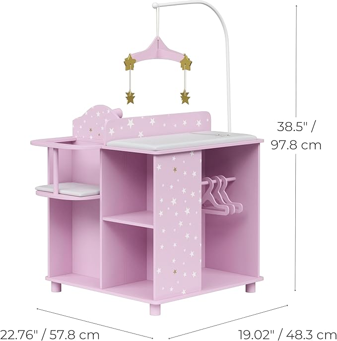 Olivia's Little World Baby Doll Changing Station with Built-in Baby Doll High Chair, Closet, Shelves, Sink, Overhead Mobile, & Baby Doll Clothing Hangers for up to 18 Inch Dolls, Purple Stars