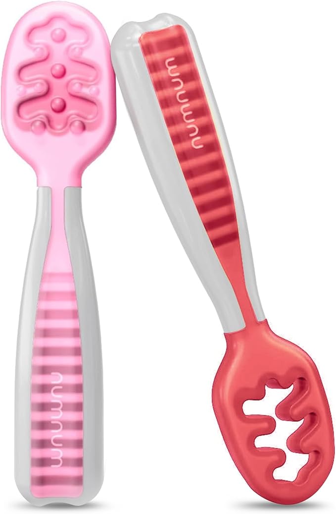 NumNum Baby Spoons Set, Baby Essentials Pre-Spoon GOOtensils for 6+ Months, First Stage Self-Feeding Spoons for Baby Led Weaning (BLW), Silicone Toddler Utensils, BPA-Free, 2 Pack Red/Pink