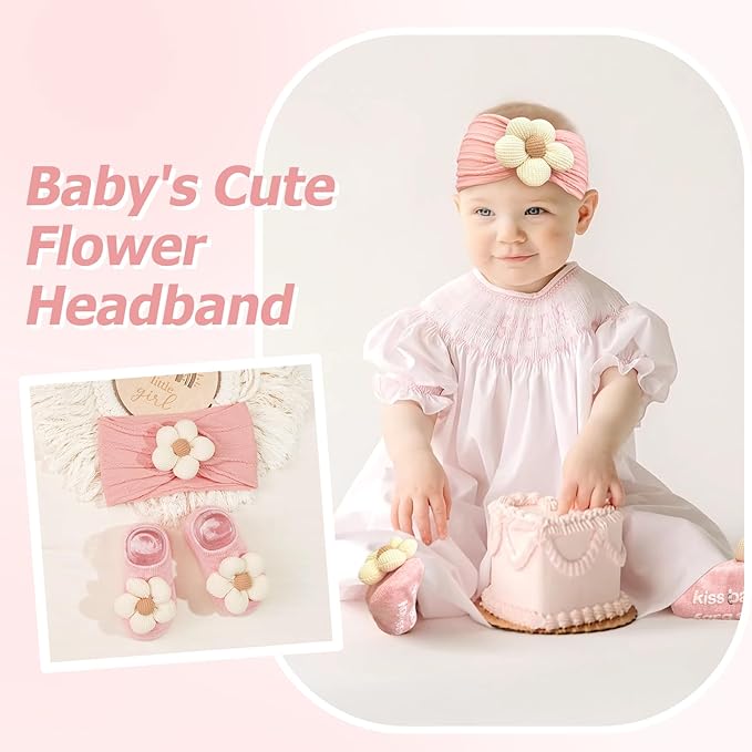 JOYOYO Baby Flower Headband and Socks, Cute Baby Girl Headbands and Soft Socks Sets for Toddler Newborn Infant Girl (Beige Pink Khaki)