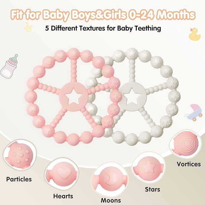 Baby Teething Toys 3-12 Months - Loviomad 3 Pack Ring Teether Baby Toys, Newborn Infant Essentials, Food Grade Silicone Teething Toys for Babies 6-12 Months, Shower Gifts Teething Relief (Girl/Boy)