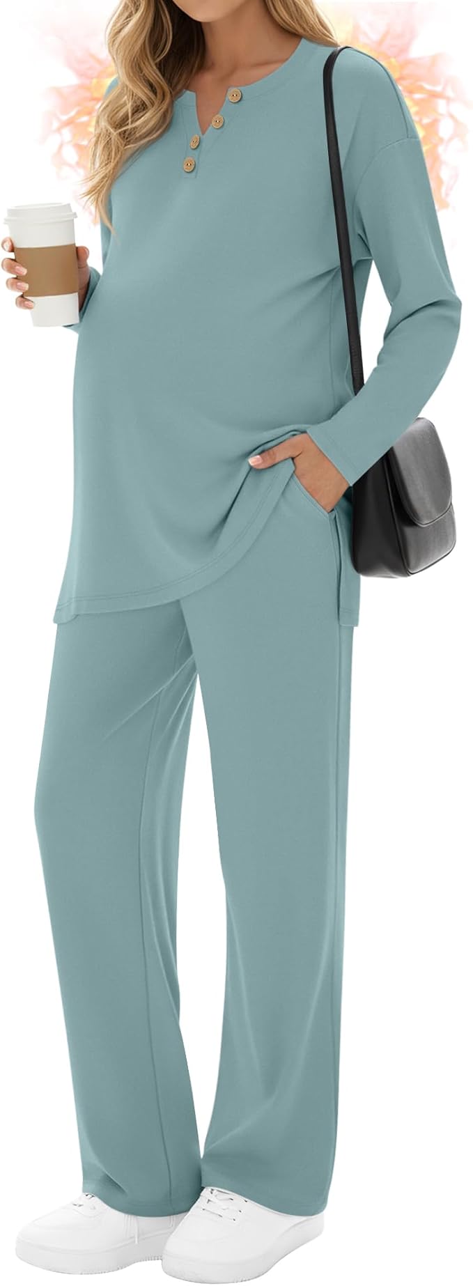 2 Piece Thermal Maternity Lounge Set Postpartum Pregnancy Fleece Loungewear Long Sleeve Top and Wide Leg Pant