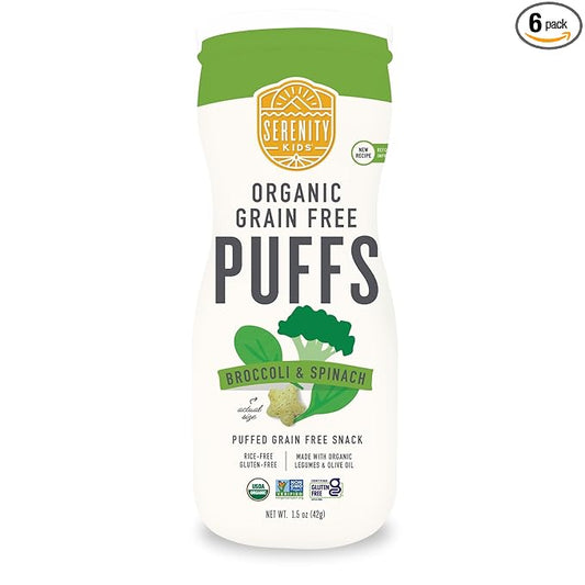 Serenity Kids 6+ Months Grain-Free Allergen-Safe Toddler & Baby Puffs - No Grains, Gluten, Nuts, Rice - Organic Veggies, Legumes, Olive Oil Baby Snacks - 1.5 Ounce, Pack of 6, Broccoli & Spinach