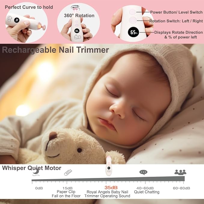 Royal Angels Rechargeable 22 in 1 Baby Nail Trimmer with LCD Display, Labeled Case, 13 Extra Pads, Safe Quiet LED Light Electric Baby Nail File Kit for Newborns Toddlers (WhitePink)