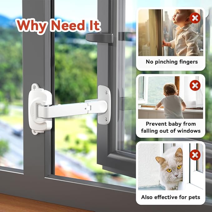 EUDEMON 2 Pack Updated Baby Window Safety Lock, Childproof Window Restrictor for UPVC, Adjustable Winodw Guard for Wooden, Metal Frames (White)