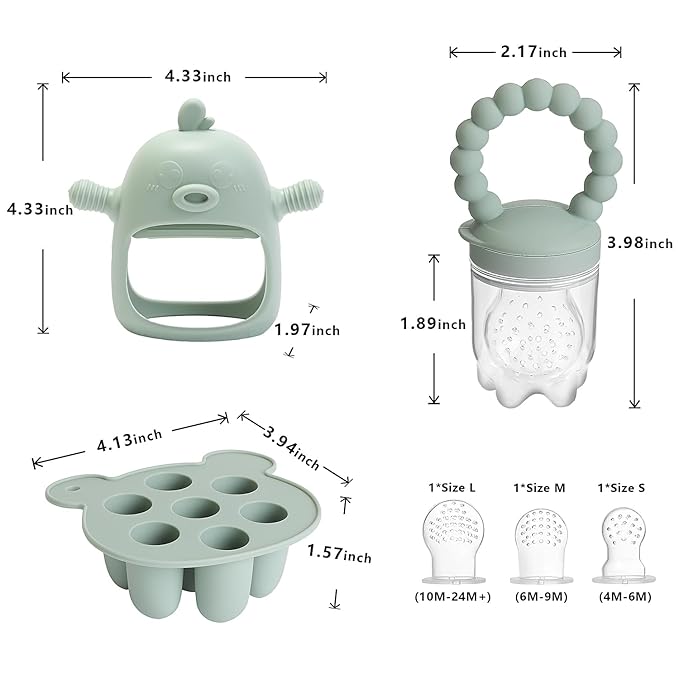 Baby Fruit Feeder & Breastmilk Popsicle Mold Set – 3 Pack Silicone Teething Relief Kit with Food Feeder Pacifier, Freezer Tray with Lid & Baby Teether (Pea Green)