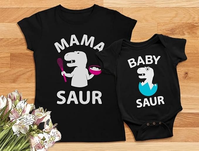 Tstars Mama and Baby Saur Matching Outfit Set - Mom Shirt and Bodysuit Gift for Baby Shower or Mother's Day
