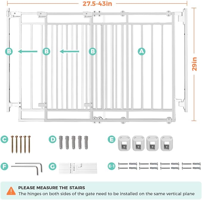 COMOMY 27.5-43" Baby Gate No Bottom Bar for Stairs and Doorways, 2-in-1 Auto Close Dog Gate Indoor for the House, Hardware Mounted Pet Gate with Large Walk Thru Door, Child Safety Gate for Dogs, White