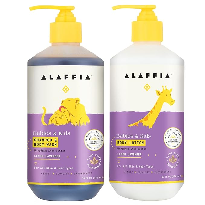 Alaffia Babies and Kids Shampoo & Body Wash (16oz) and Body Lotion (16oz) - Gentle Everyday Bath Essentials for Delicate Skin/Hair- Paraben & Sulfate Free - Natural Plant-Based Lemon Lavender Scent