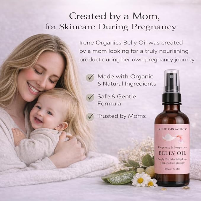 Irene Organics Organic Belly Oil for Pregnancy & Postpartum – Lightweight, Non-Greasy Stretch Mark Support Oil – Hydrating Vitamin E Bump Serum, Unscented & Pregnancy Safe