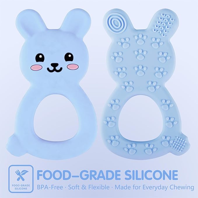 Silicone Bunny Baby Teether Toy for 3-12Months, Easy-Grip Chew Toy with Textured Ears for Sensory Exploration, Food-Grade Silicone, Freezable & Dishwasher Safe (Blue)