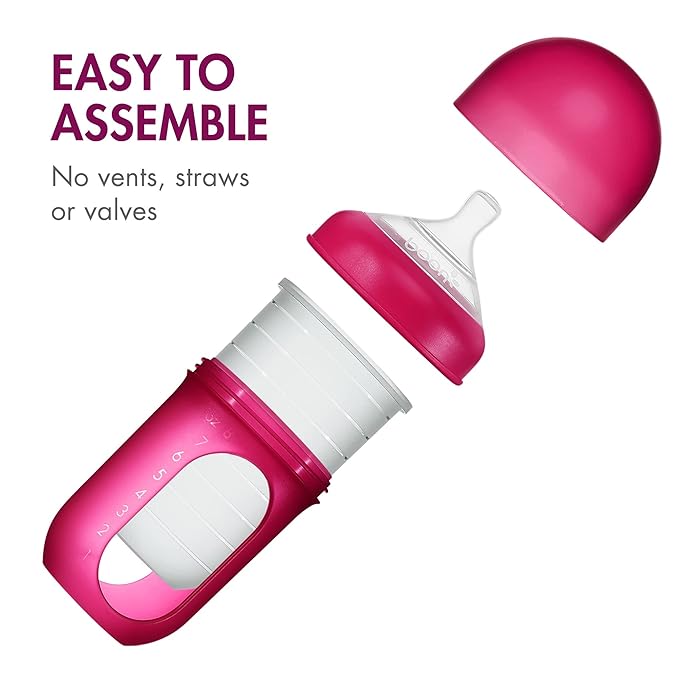 Boon Nursh Bottles - Silicone Baby Bottles Help Ease Colic Symptoms - Formula and Breast Milk Only Touch Food-Grade Silicone - Medium Flow - 8 Oz - Pink