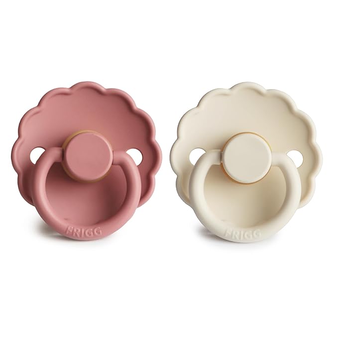 FRIGG Daisy Natural Rubber Baby Pacifier | Made in Denmark | BPA-Free (Powder Blush/Cream, 6-18 Months) 2-Pack