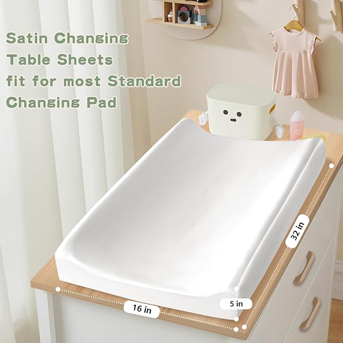 SiinvdaBZX 2 Pack Changing Pad Cover for Baby Girls Boys, Satin Silky Soft Changing Table Covers 32"x16"+5" Diaper Changing Pad Sheets, Pink & White