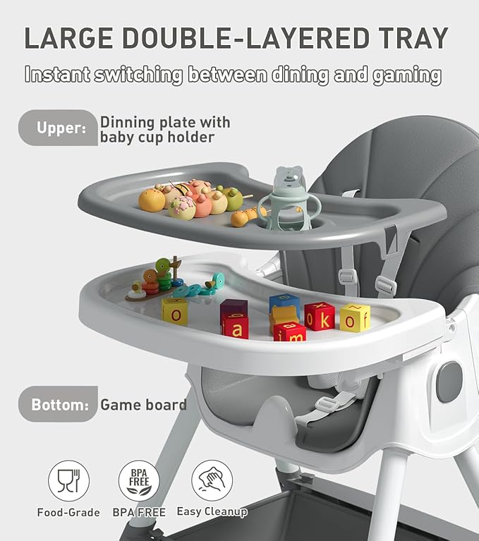 Baby High Chair, 5 in 1 High Chairs for Babies and Toddlers, Travel Foldable High Chair with Foot Rest, Detachable PU Cushion, Double Removable Tray, Adjustable Height & Recline
