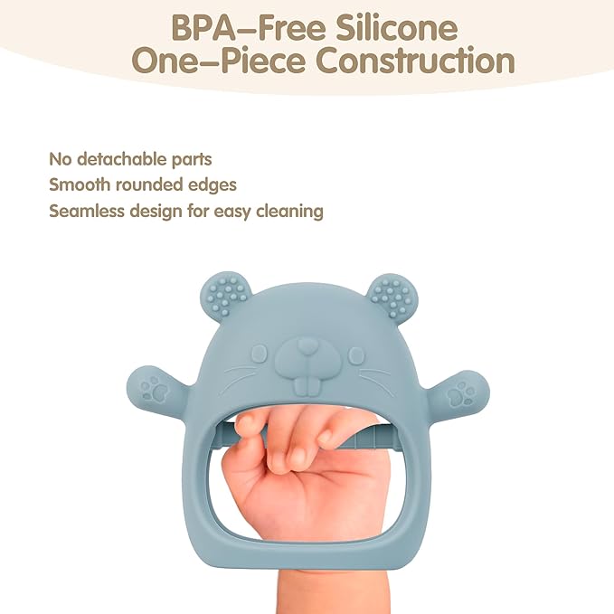 Silicone Baby Teether for 3–12 Months, BPA-Free Easy Grip Teething Toy for Infants, Soft Sensory Chew Toy, One-Piece Dishwasher Safe Design(Groundhog Dusty Blue)