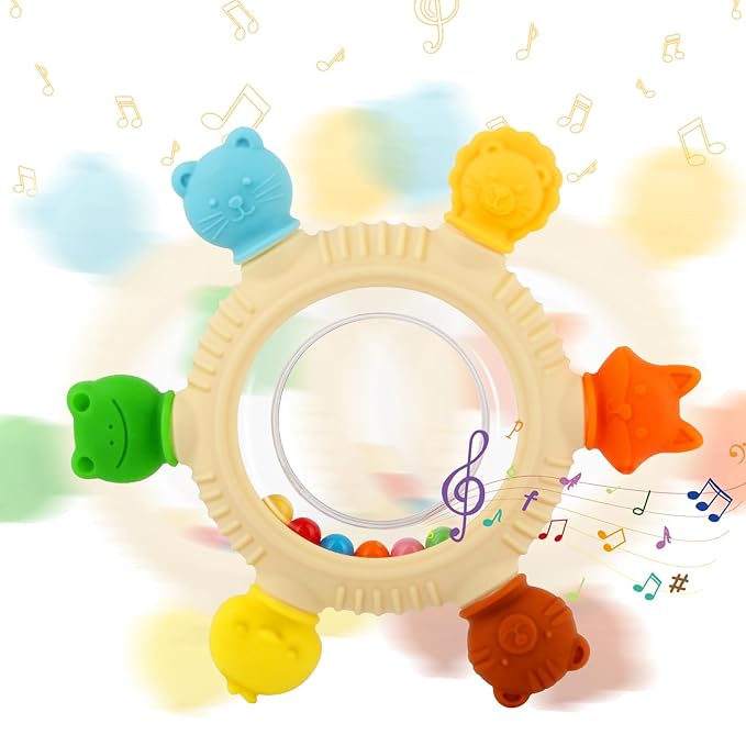 Baby Teething Rings Toys for 0-6 6-12 Months Animal Rattle Teether Sensory Toys for Babies 0-24Months Silicone Teether Relief Chew Soothing Sore Gums for Newborn Infant Essentials BPA Free (Animal)
