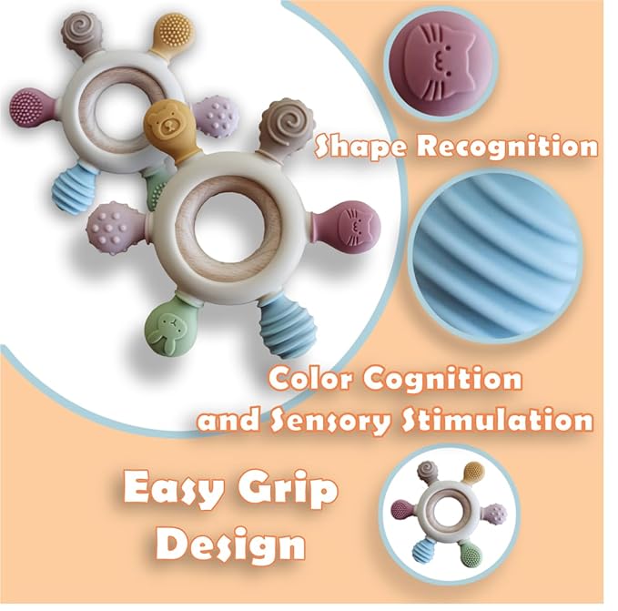 [BabyBite] Teethers Silicone and Beechwood Animal Teether for Sensory and Developmental Play for Baby and Toddler 100% BPA Free Food Grade Silicone, Beige