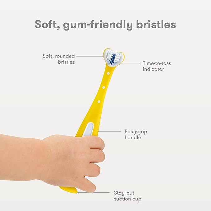 Frida Baby Triple-Angle Toothhugger Training Toddler Toothbrush | Toddler Toothbrush 2 Years and Up, Cleans All Sides at Once | 2 Pack (Yellow + Blue)