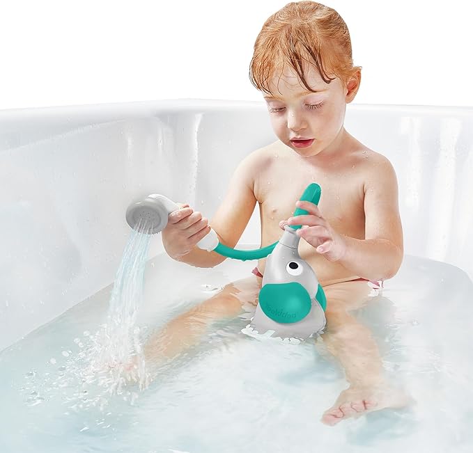Yookidoo Baby Bath Shower Head – Elephant Water Pump with Trunk Spout Sprayer & Rinser, Dual Knob Flow Control, Bath Time Essential for Newborns, Tub or Sink (Forest Green)