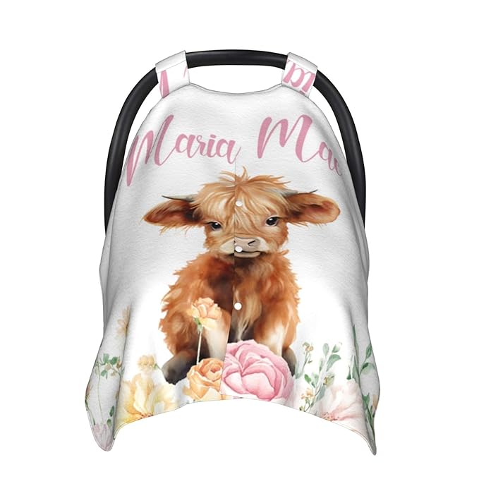 Personalized Baby Girl Car Seat Canopy for Babies, Custom Name Baby Car Seats Cover for Girls, High Land Cow Floral Opening Minky Nursing Breastfeeding Covers for Infant, Carseat Canopies for Newborn