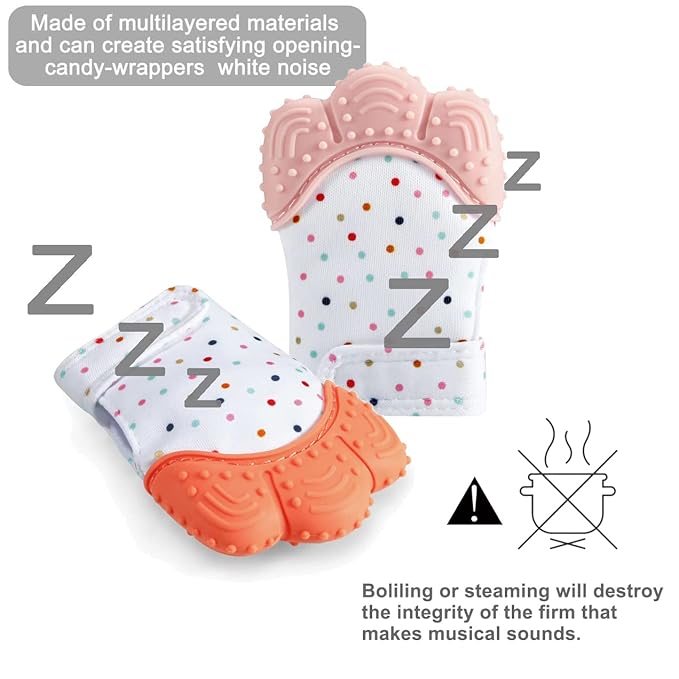 PandaEar Soothing Teething Mitten 2 Pack, Pain Relief, Protection Glove, Stimulating Teether (Orange Pink)