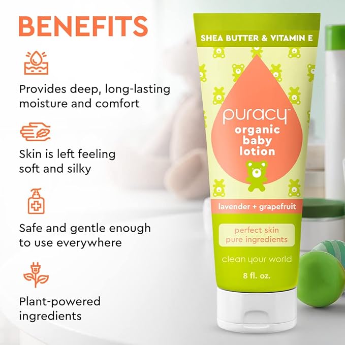 Puracy Organic Baby Lotion, Organic Eczema Moisturizer for Infants and Newborns, Natural Kids Body Lotion for Sensitive Skin, Gentle Calming Lavender & Grapefruit Essential Oils, 8 Ounce