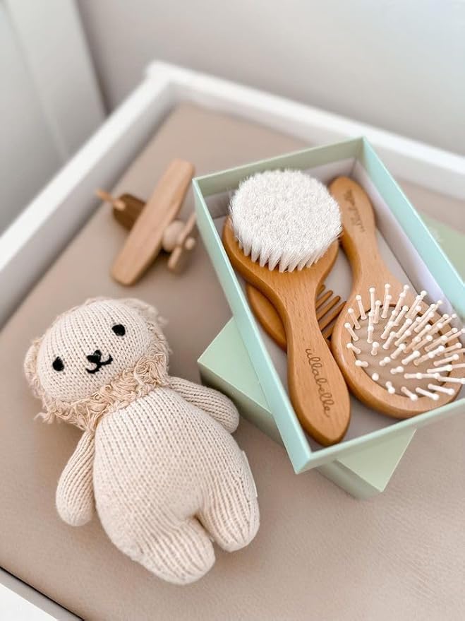 Ullabelle 3 Piece Wooden Baby Hair Brush and Comb Set for Newborns & Toddlers in Chic Gift Box - Ultra Soft Natural Goat Hair and Wood Baby Brush Set Prevents Cradle Cap - Perfect Registry Gift (Sage)