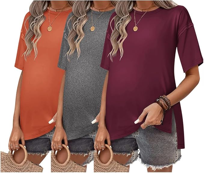 Ekouaer Maternity Shirts 3 Packs Short Sleeve Womens Oversized Pregnancy Tops Split Side Postpartum Blouse Clothes S-XXL